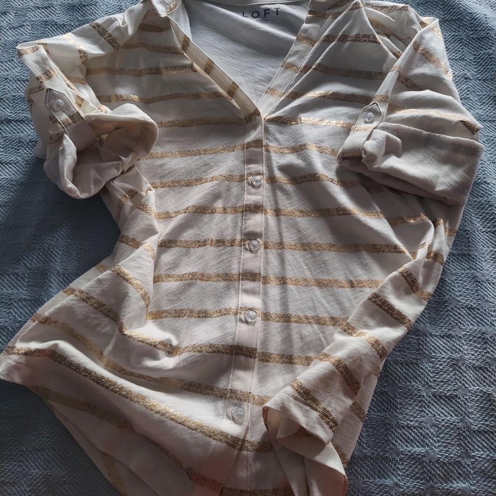 LOFT White and Gold Striped Button-Up Shirt
